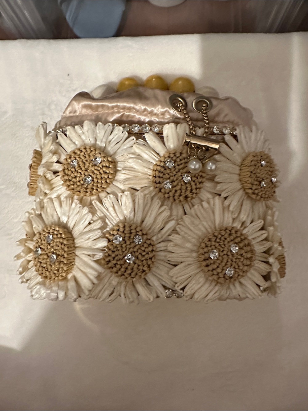 Mini Floral Beaded Drawstring Bag in Cream and Yellow - Picture 11 of 14